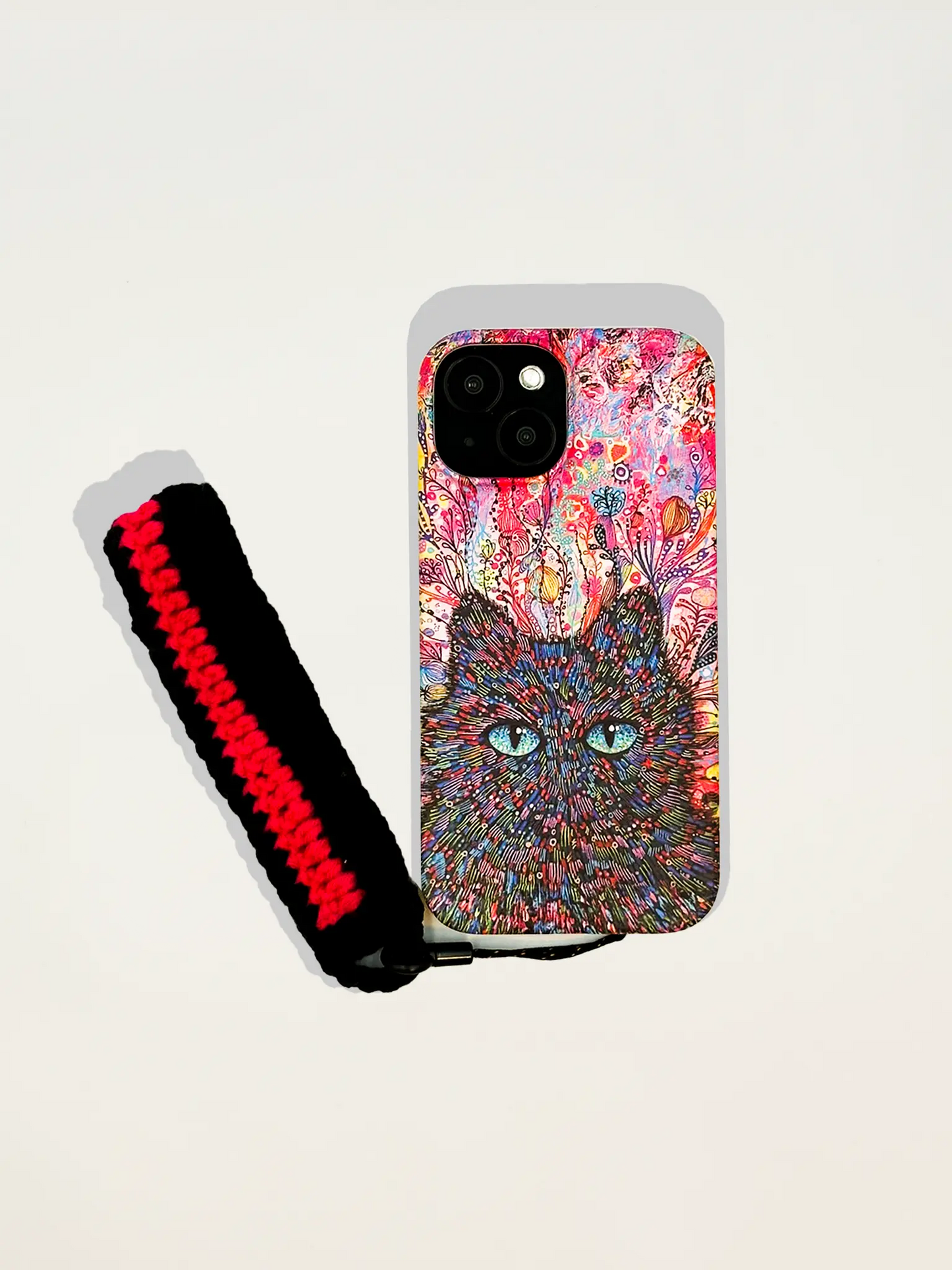 Not for sale temporary - Trendy Lining Style Drawing Cat Phone Case & Short Phone Strap (iPhone 15)