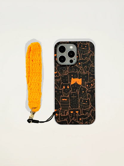 Orange Black Cat Phone Case & Short Phone Strap (iPhone 15 Pro Max)